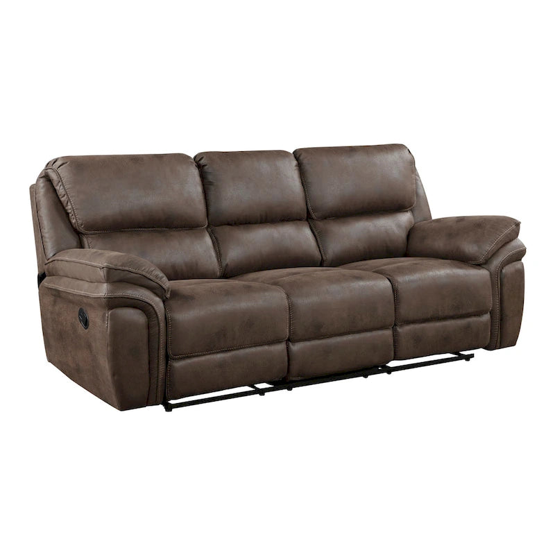 Sofá reclinable doble manual de 90 pulgadas, microfibra marrón, madera maciza