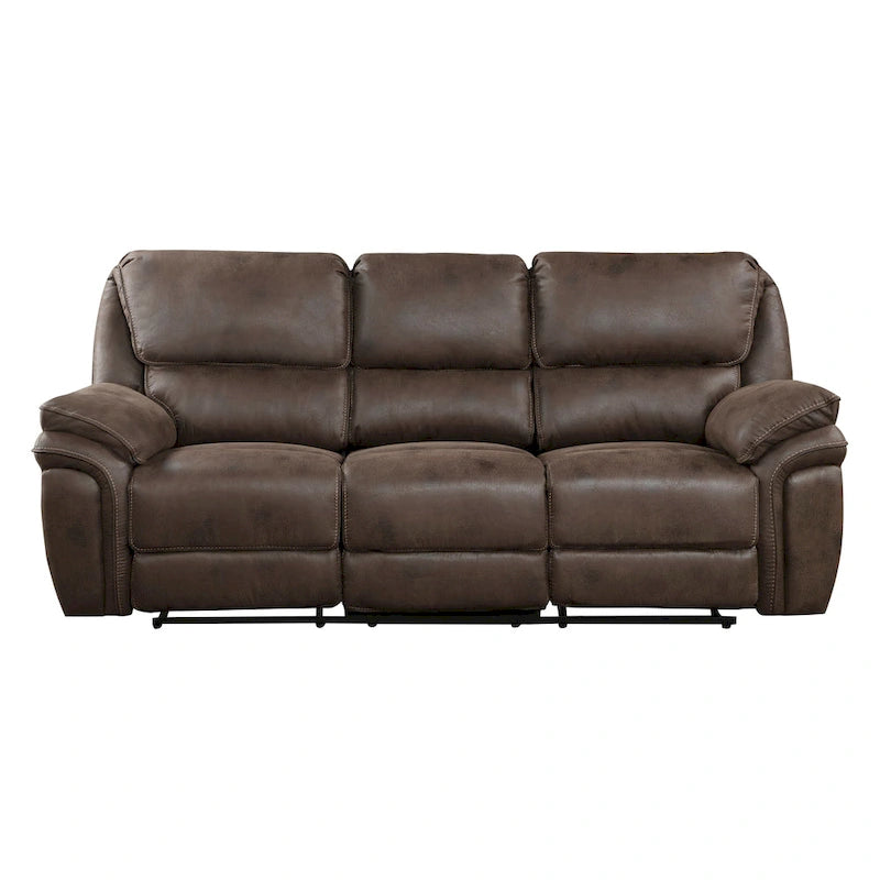 Sofá reclinable doble manual de 90 pulgadas, microfibra marrón, madera maciza