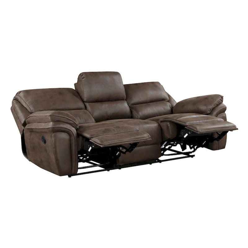Sofá reclinable doble manual de 90 pulgadas, microfibra marrón, madera maciza