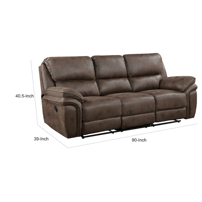 Sofá reclinable doble manual de 90 pulgadas, microfibra marrón, madera maciza
