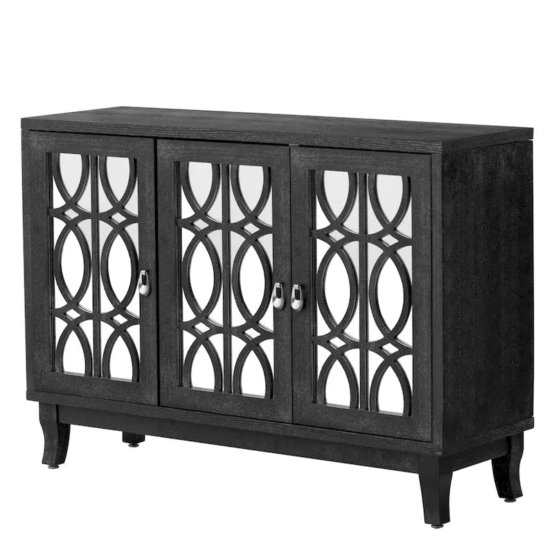 Aparador con 3 puertas de cristal de espejo y tirador plateado - 47.2L x 15.6W x 33.9H