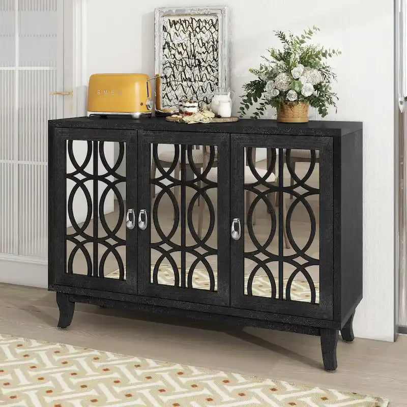 Aparador con 3 puertas de cristal de espejo y tirador plateado - 47.2L x 15.6W x 33.9H