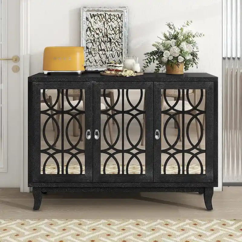 Aparador con 3 puertas de cristal de espejo y tirador plateado - 47.2L x 15.6W x 33.9H