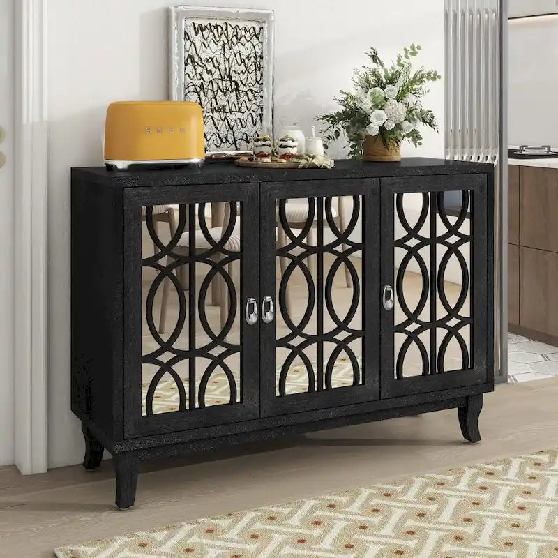 Aparador con 3 puertas de cristal de espejo y tirador plateado - 47.2L x 15.6W x 33.9H