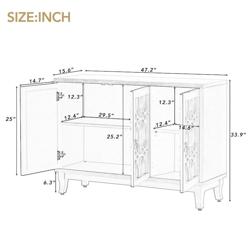 Aparador con 3 puertas de cristal de espejo y tirador plateado - 47.2L x 15.6W x 33.9H