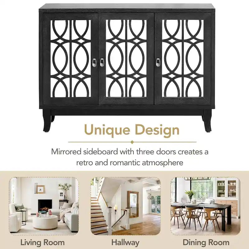 Aparador con 3 puertas de cristal de espejo y tirador plateado - 47.2L x 15.6W x 33.9H