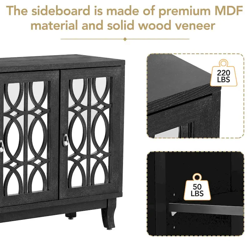 Aparador con 3 puertas de cristal de espejo y tirador plateado - 47.2L x 15.6W x 33.9H