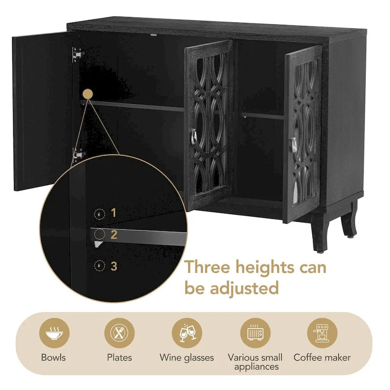 Aparador con 3 puertas de cristal de espejo y tirador plateado - 47.2L x 15.6W x 33.9H
