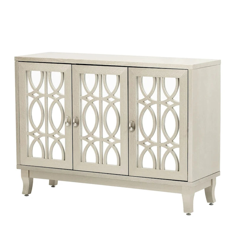 Aparador con 3 puertas de cristal de espejo y tirador plateado - 47.2L x 15.6W x 33.9H