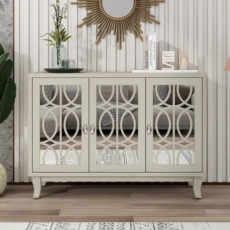 Aparador con 3 puertas de cristal de espejo y tirador plateado - 47.2L x 15.6W x 33.9H