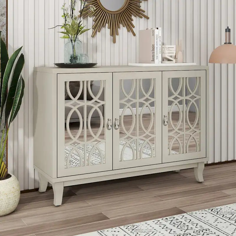 Aparador con 3 puertas de cristal de espejo y tirador plateado - 47.2L x 15.6W x 33.9H
