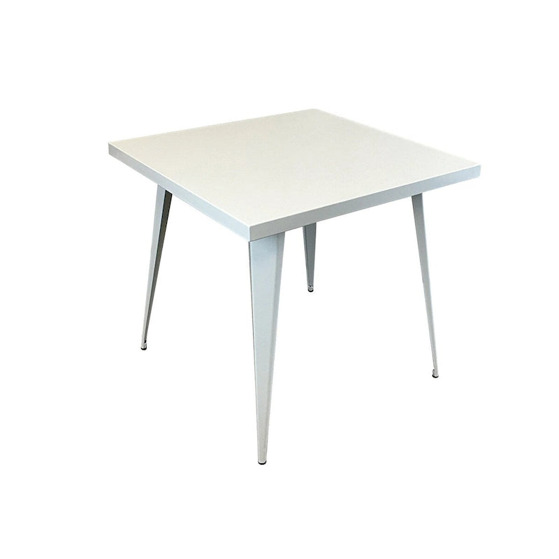 Mesa de comedor con tablero metálico cuadrado y patas metálicas